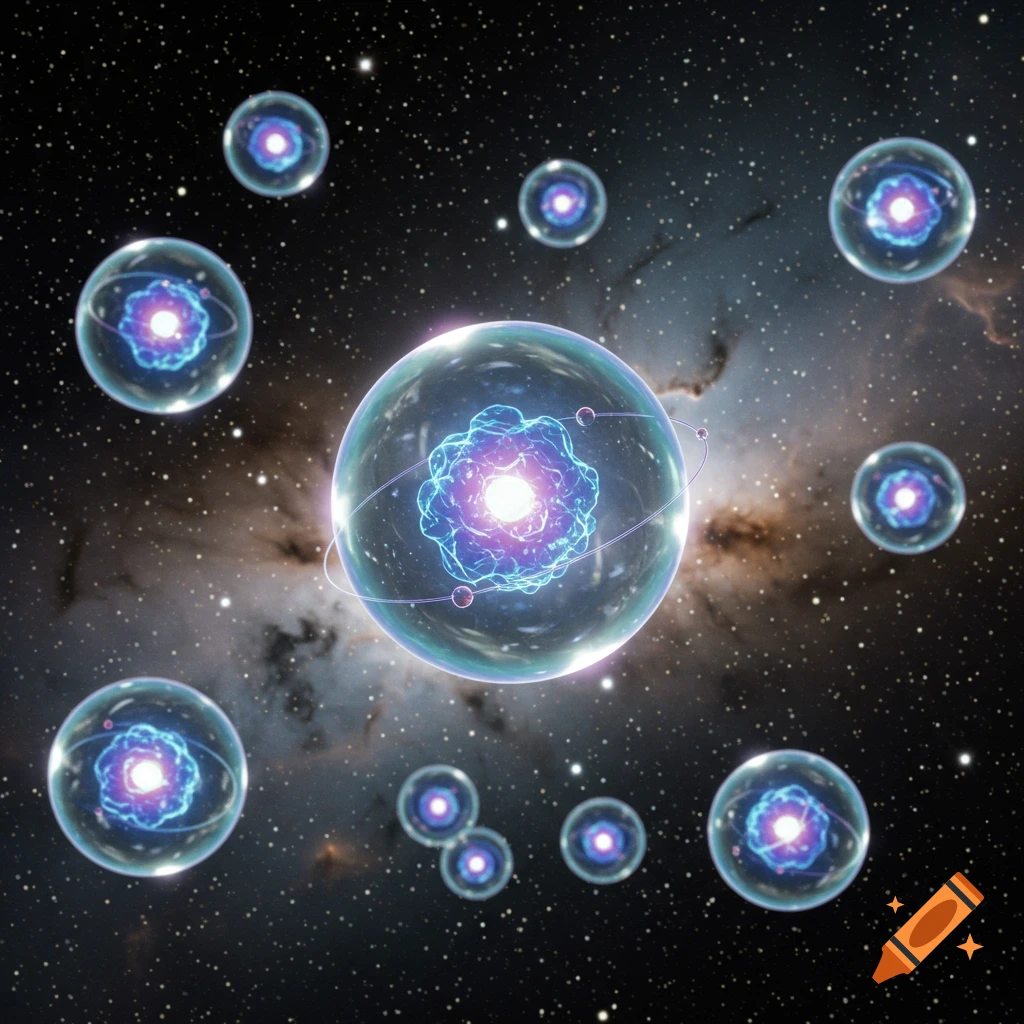 Multiple glowing atomic structures with nuclei and orbiting electrons float in deep space against a nebula.