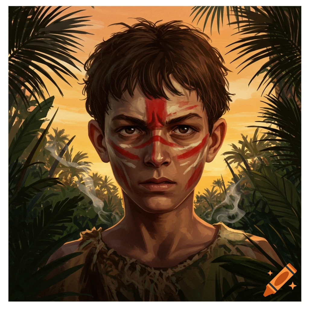 Close-up portrait of a young boy with red and white face paint, in a jungle setting with an orange sky.