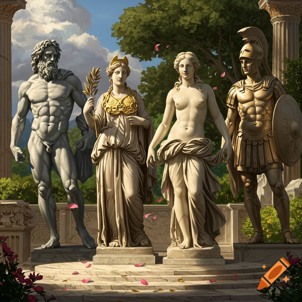 Four classical Greek and Roman deity sculptures, including Zeus, a goddess, Venus, and a warrior, in an outdoor garden.