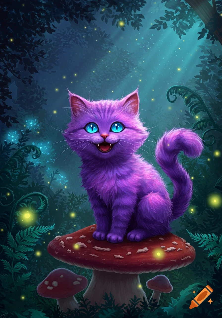 A whimsical purple cat with glowing blue eyes and fangs smiles from a red mushroom in a dark, magical forest, digital art.