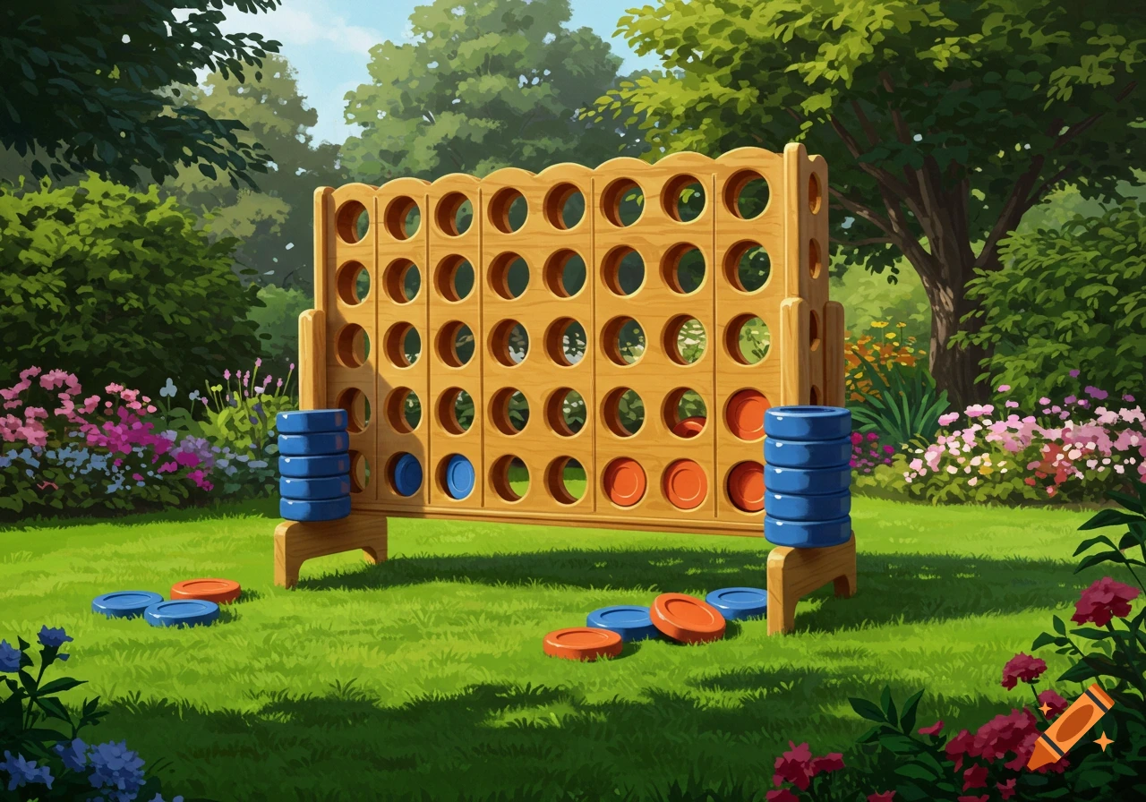 A wooden giant Connect Four game board with blue and red pieces on a grassy lawn in a vibrant, lush garden with trees and flowers. Illustrated style.