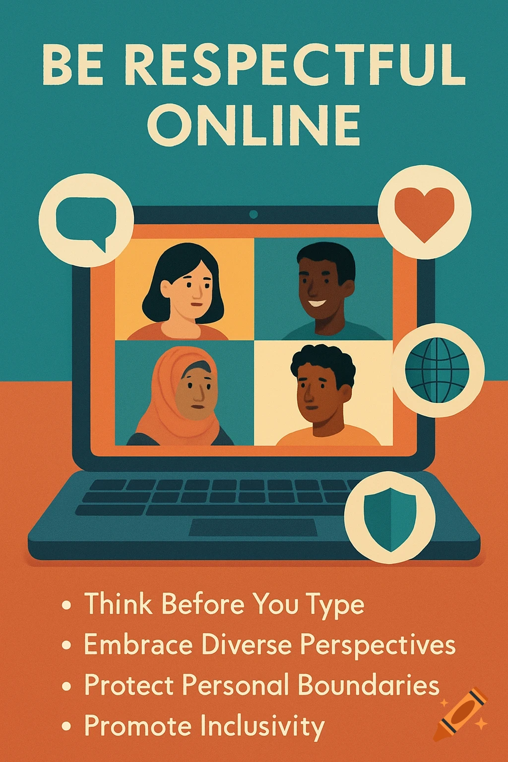 A colorful illustration poster titled 'BE RESPECTFUL ONLINE' showing diverse individuals in a video call on a laptop, with bullet points on online etiquette.
