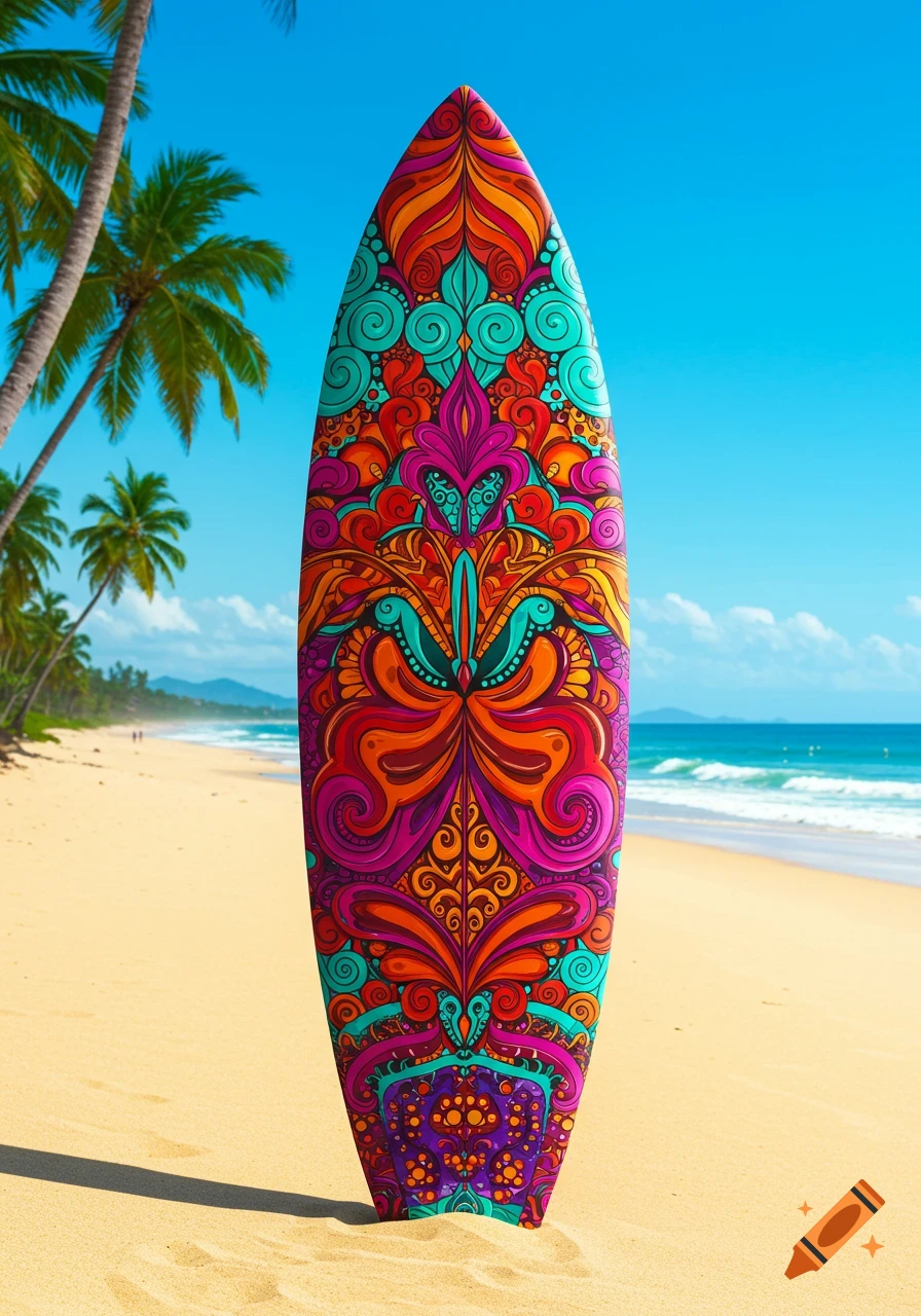 A vibrant, ornamental surfboard stands upright on a sunny sandy beach with palm trees and a blue ocean.