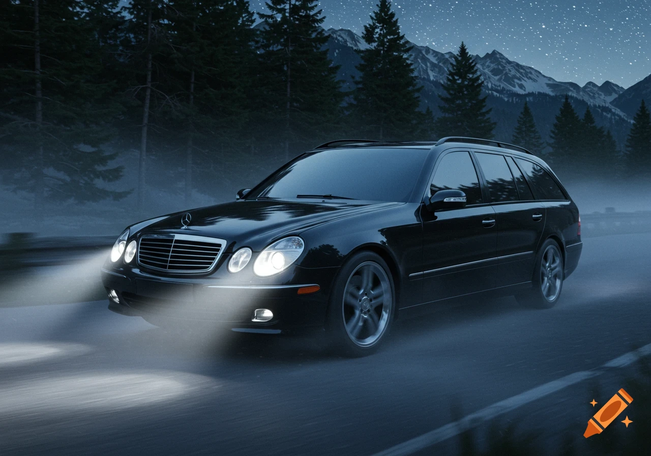 Black Mercedes-Benz wagon driving at night on a misty road with headlights on, pine trees and mountains under a starry sky.