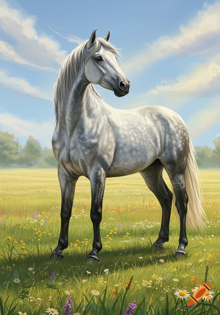 A dapple grey horse with a white mane stands gracefully in a vibrant field of wildflowers under a bright blue sky.