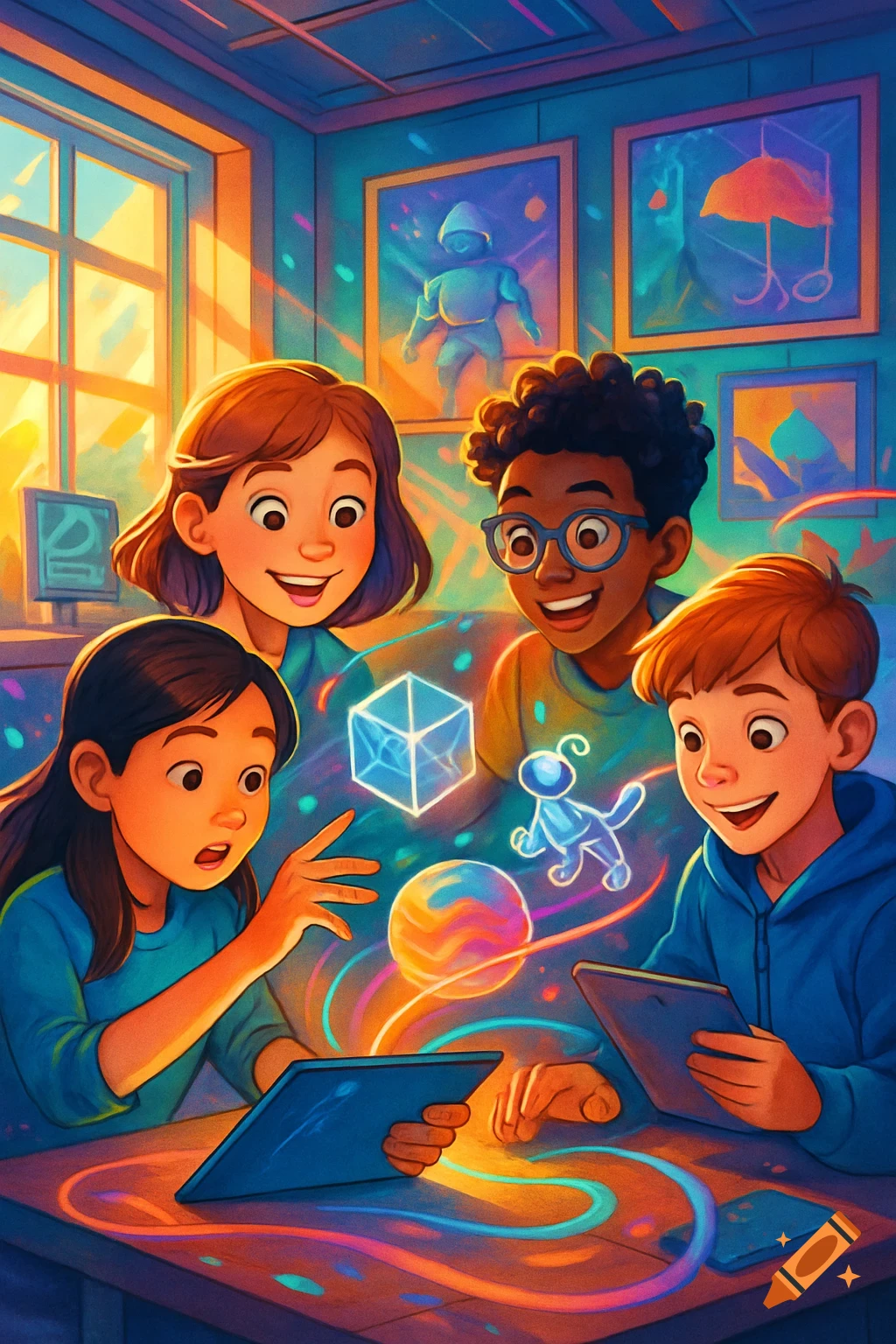 Four diverse children interact excitedly with colorful glowing digital projections (cube, orb, creature) coming from their tablets in a vibrant, cartoonish style.