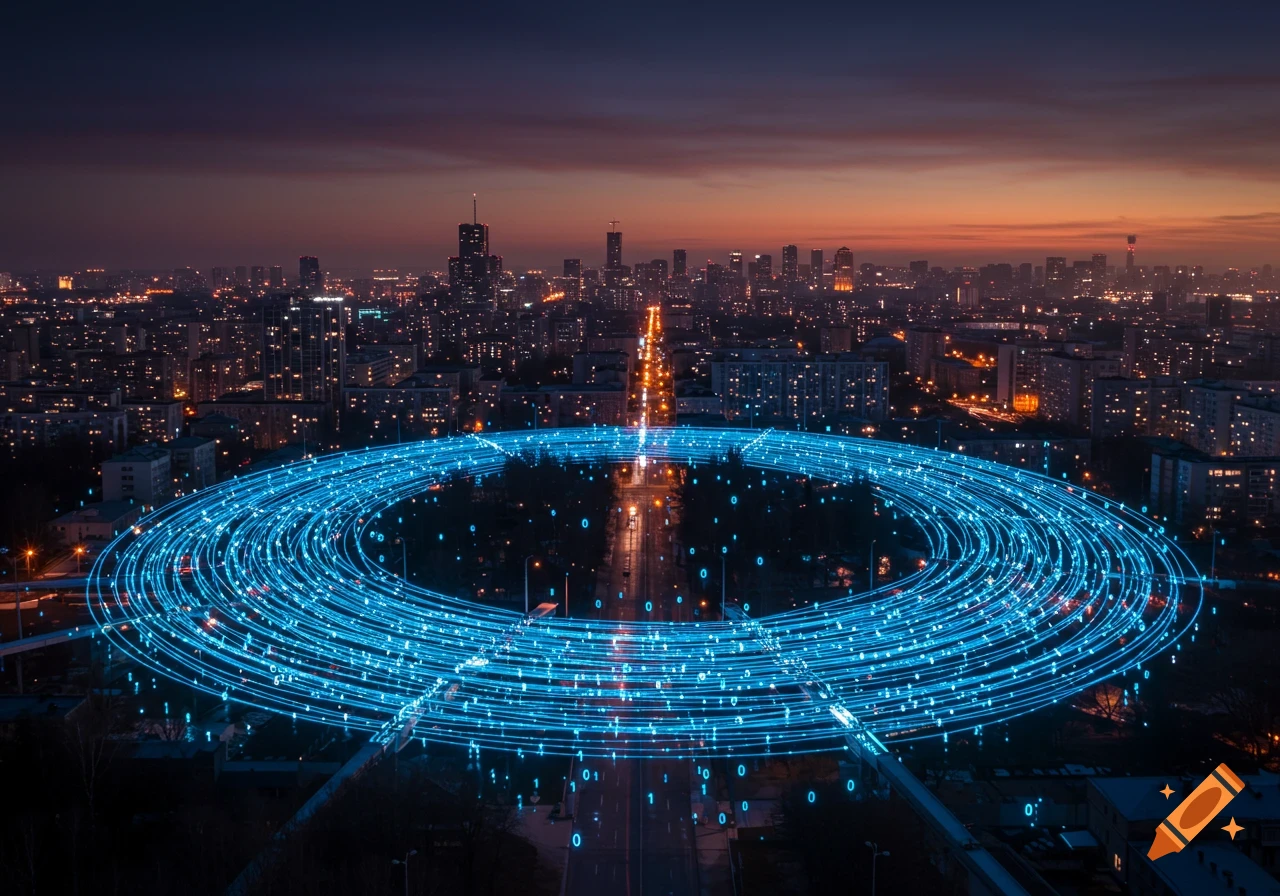 Aerial view of a city at dusk with glowing blue data streams forming a large ring over a highway.
