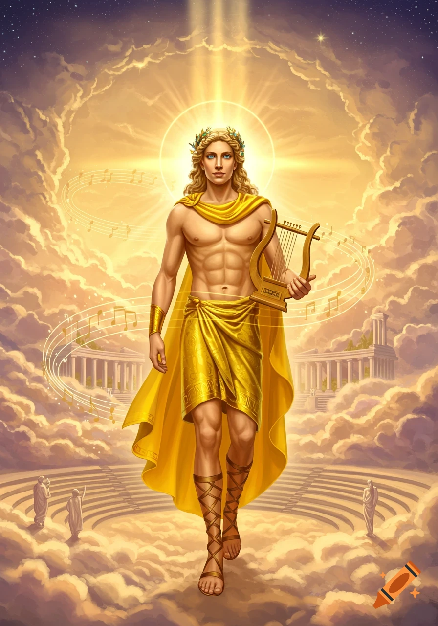 Muscular Apollo, god of music and light, in a golden cloak and laurel wreath, holding a lyre amidst clouds and ancient temples.