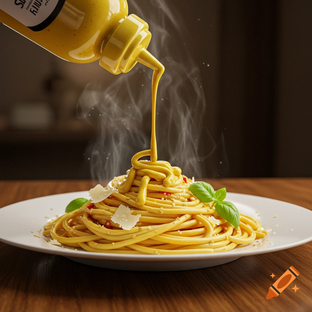 A photorealistic image of a yellow squeeze bottle dispensing mustard onto a plate of steaming spaghetti garnished with basil and cheese.