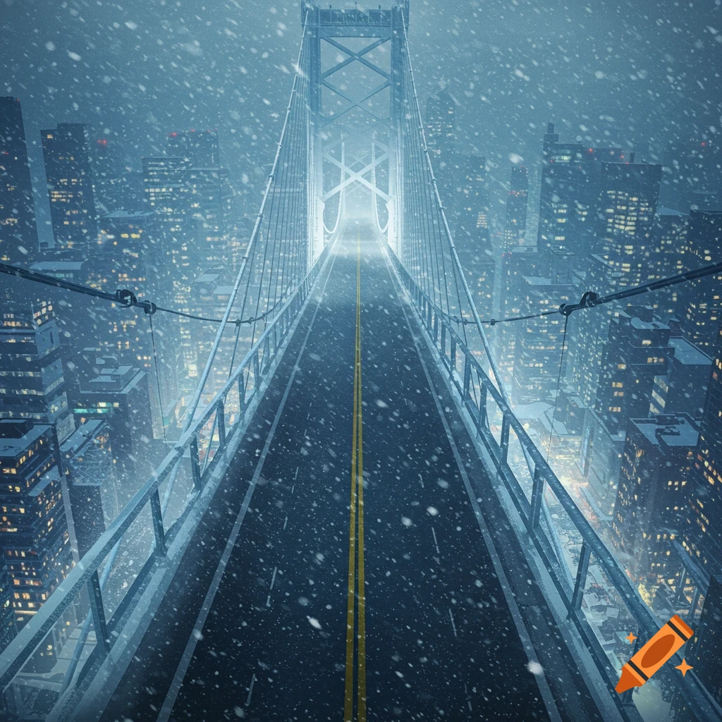 A photorealistic view of a long bridge descending steeply into a snowy city during a blizzard at night, with glowing city lights.