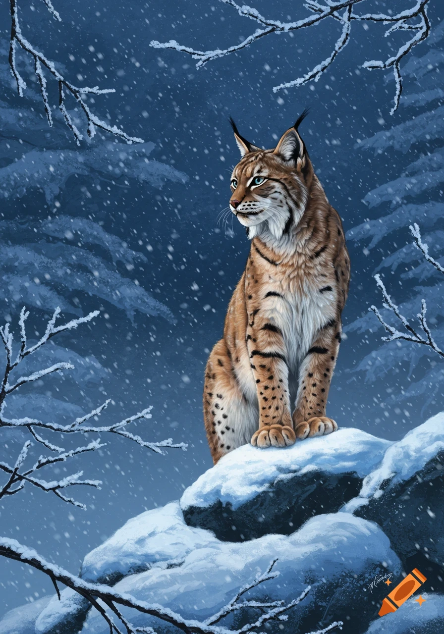 An illustrated lynx with striking blue eyes sits majestically on a snow-covered rock amidst a snowy winter forest.