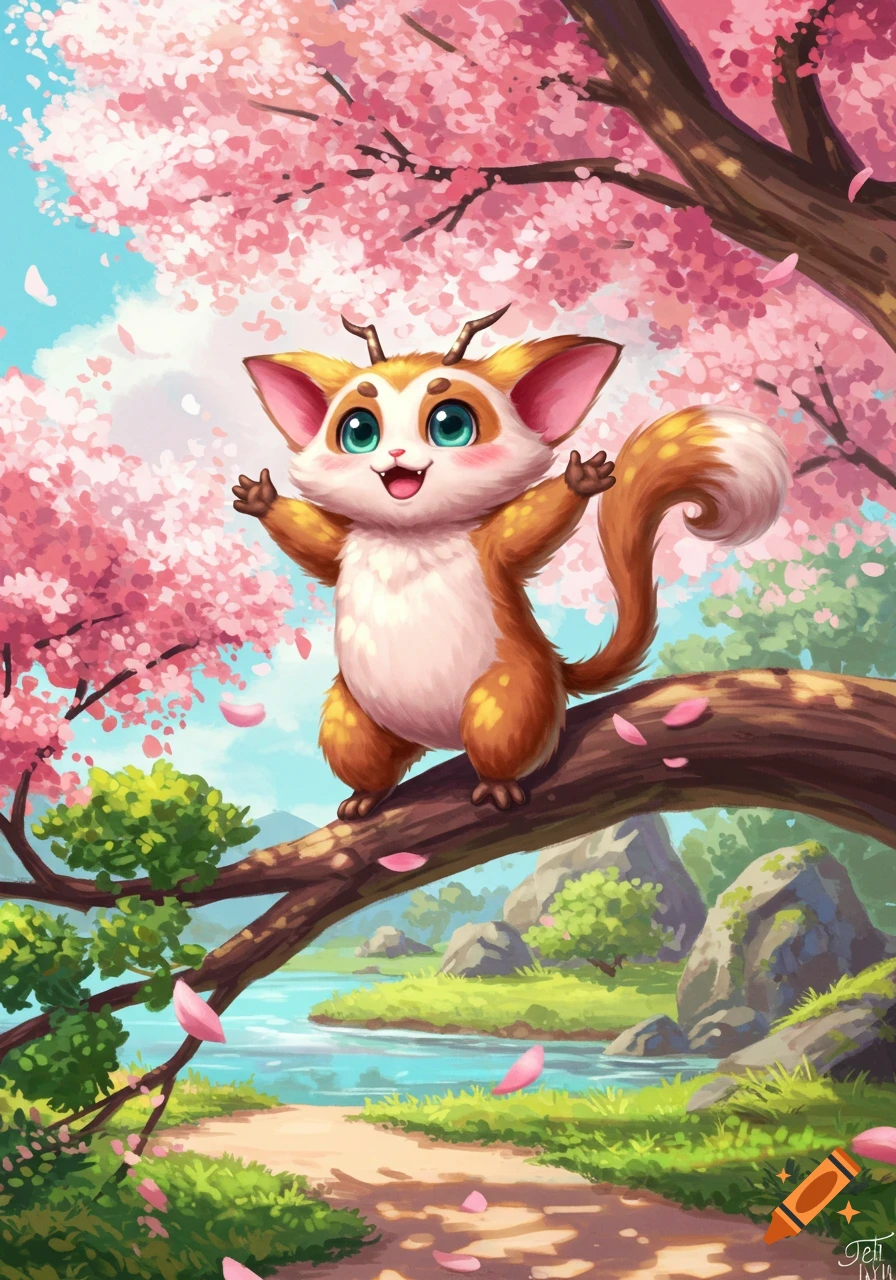 A cute, smiling orange and white furry creature with big blue eyes on a cherry blossom branch, surrounded by pink petals and a river.