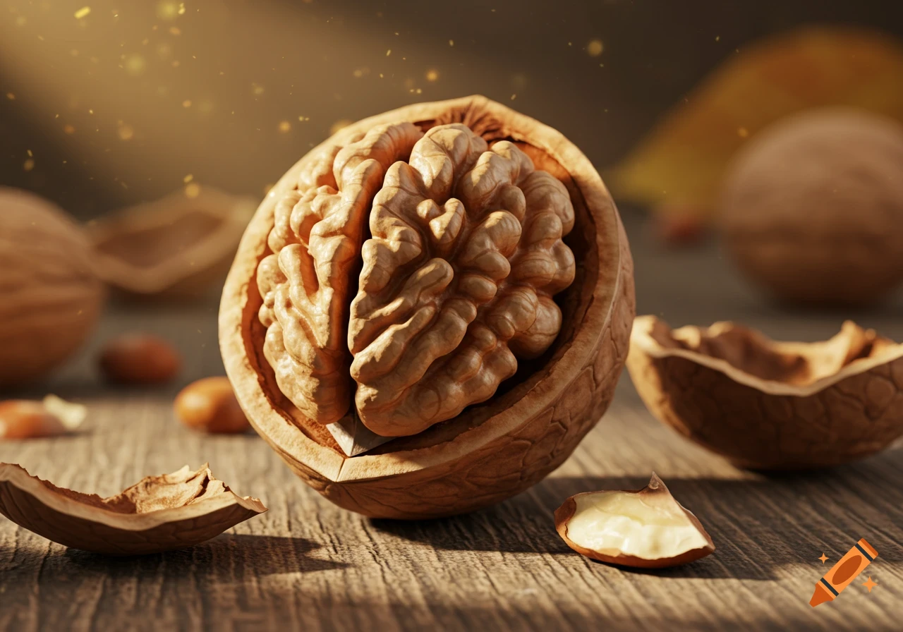 A close-up, photorealistic image of a cracked walnut with its kernel exposed on a wooden table, with warm lighting.