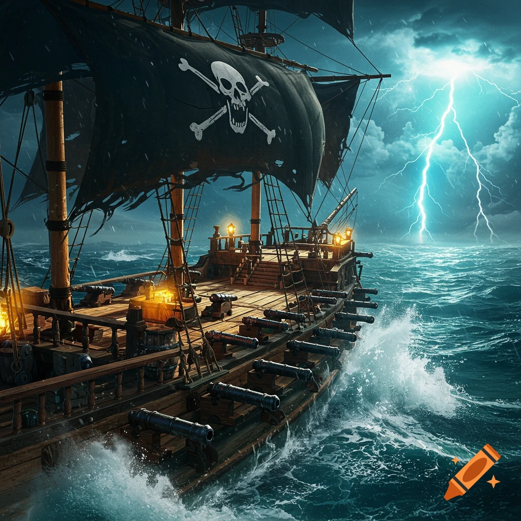 A pirate ship with a skull and crossbones flag sails through a stormy sea with a lightning strike in the dark sky.