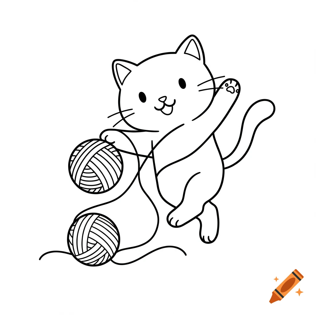 A cute cartoon cat with thick black outlines plays with two balls of yarn on a white background, in a coloring book style.