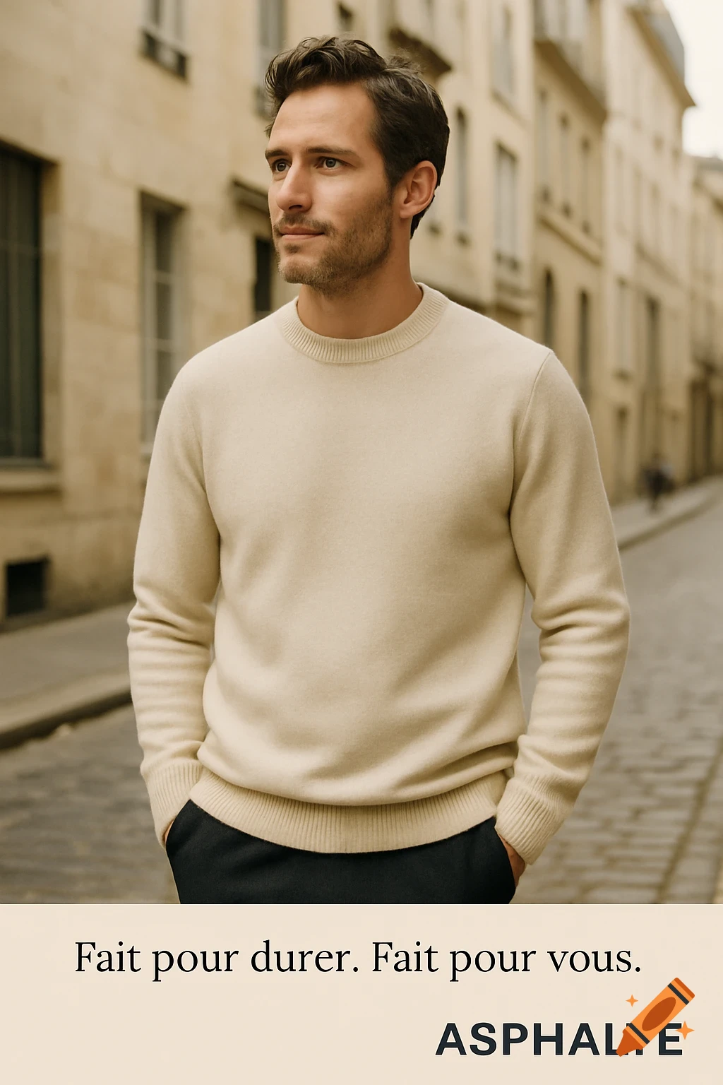 A man in a beige sweater and dark pants stands with hands in pockets on a city street, text at the bottom.