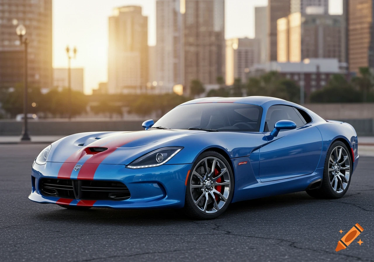 Blue Dodge Viper sports car with red racing stripes parked on asphalt, city skyline at sunset.
