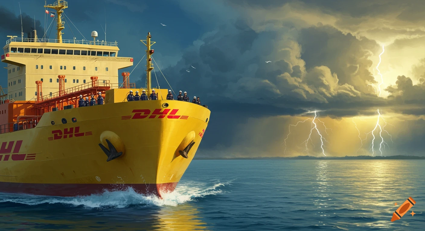 A large yellow DHL cargo ship sails on choppy blue water towards a dramatic storm with lightning in the sky.