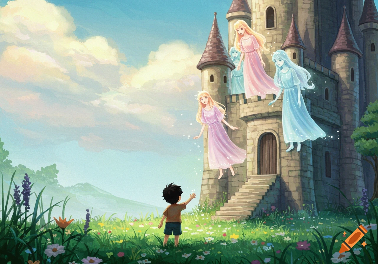 A young boy in a vibrant flower field reaching towards three floating fairytale girls near a stone castle, in an illustrative style.