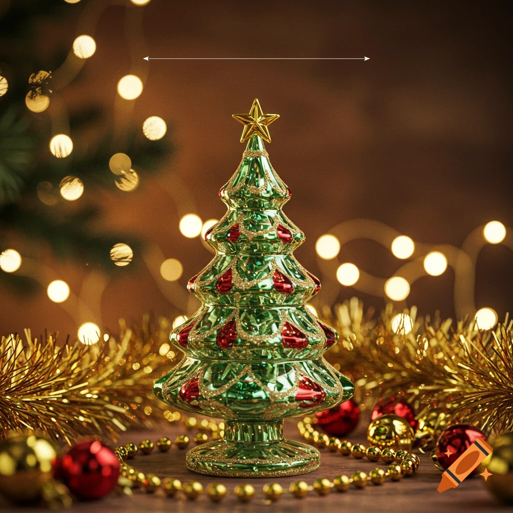 A sparkling green and red glass Christmas tree ornament with a gold star, surrounded by festive decorations and bokeh lights.