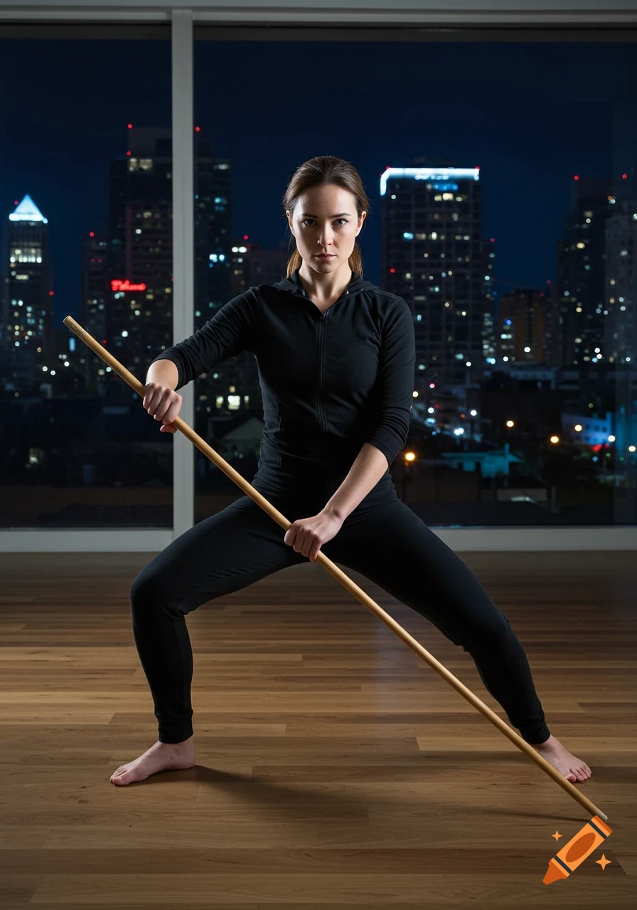 A woman in dark sportswear strikes a dynamic pose, holding a wooden cane vertically, in a room with a city skyline at night.