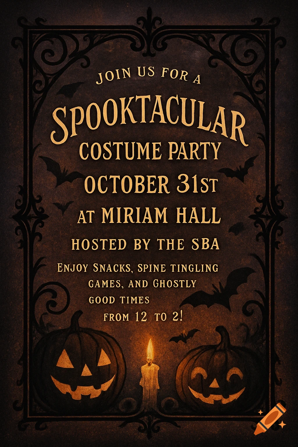 A dark Halloween invitation card with an ornate frame, featuring glowing jack-o'-lanterns, bats, a lit candle, and text for a 'Spooktacular Costume Party' on October 31st.