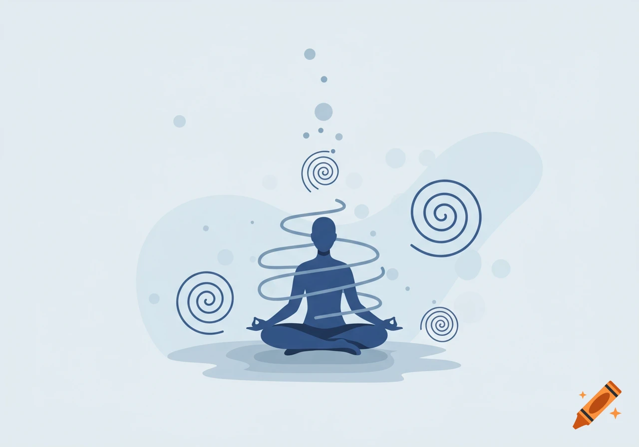 Minimalist illustration of a dark blue figure meditating in lotus pose, surrounded by light blue spirals and dots on a light background.