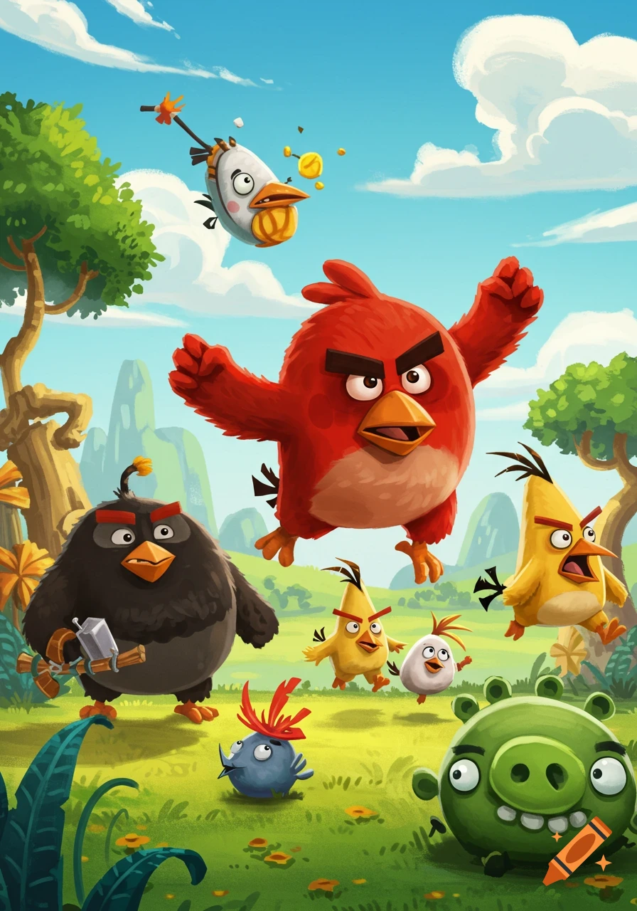 Various Angry Birds characters, including Red, Bomb, Chuck, and a green pig, in a vibrant, stylized outdoor landscape under a blue sky.