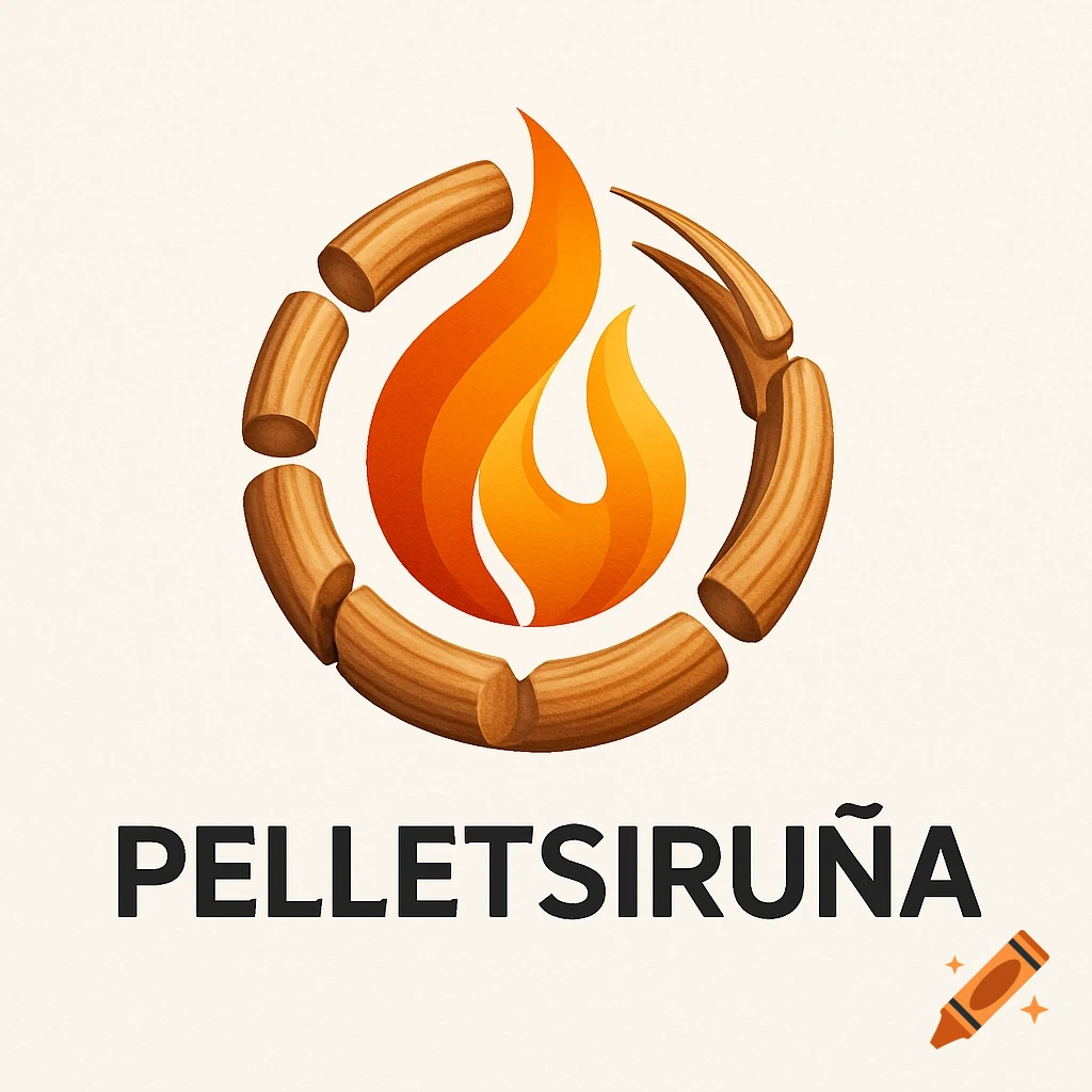 A logo featuring a stylized orange and yellow flame surrounded by wood pellets, with the text 'PELLETSIRUÑA' below.
