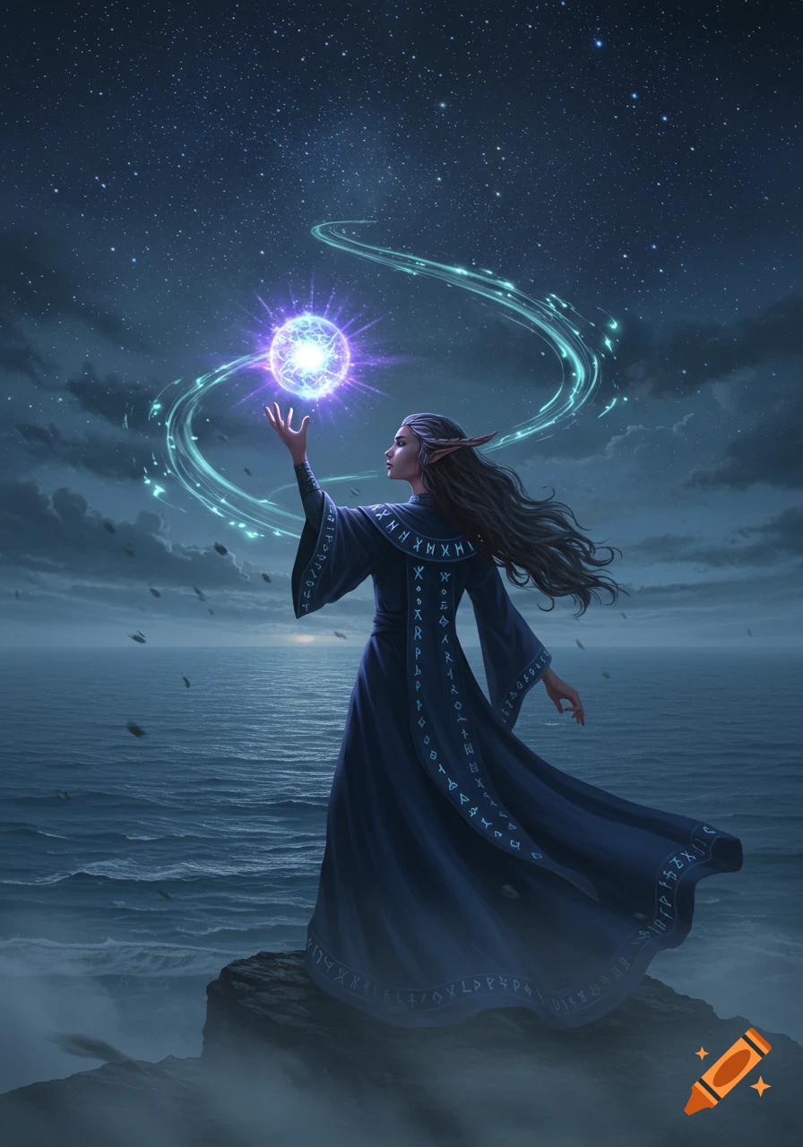 A female elf-like wizard in a dark robe stands on a cliff overlooking the ocean, casting a glowing purple spell under a starry night sky.