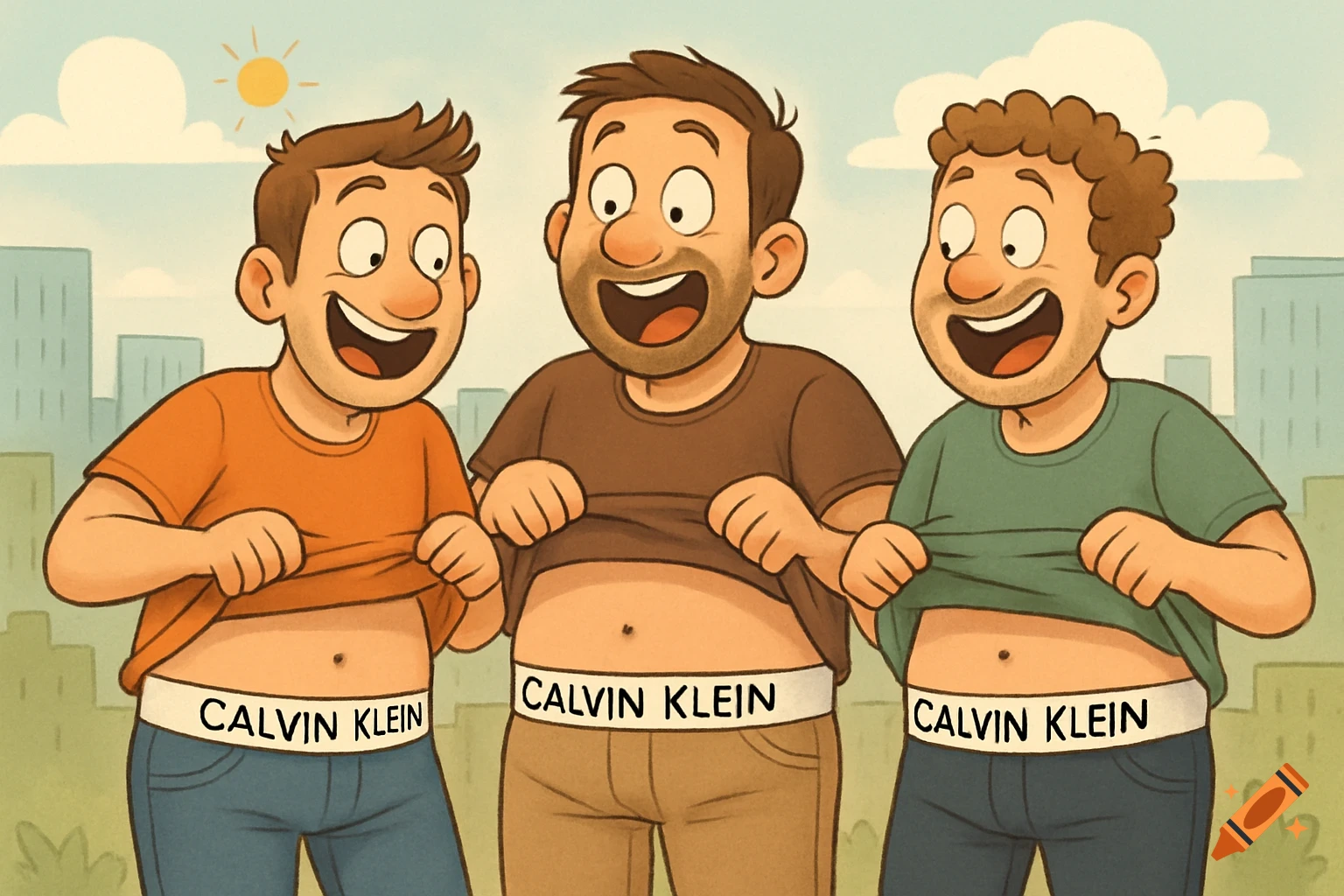 Three cartoon men smile, lifting their shirts to reveal "Calvin Klein" waistbands on their underwear against a city background.