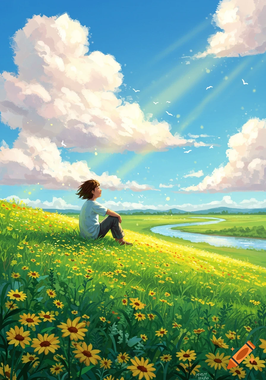 An illustration of a person sitting on a sunlit hillside covered in yellow flowers, looking up at a blue sky with clouds and a winding river in the distance.