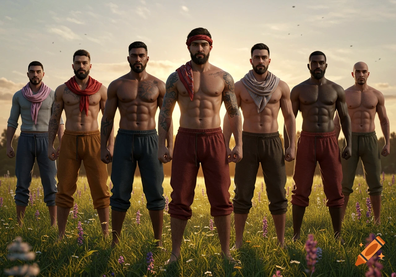 Seven muscular men with beards and various headwraps/scarves stand barefoot in a grassy field with purple flowers at sunset.