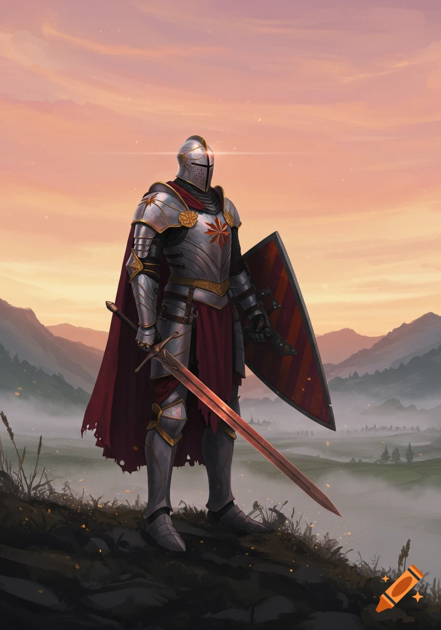 A knight in shining white, gold, and red armor stands with a sword and shield on a misty hillside at sunset.
