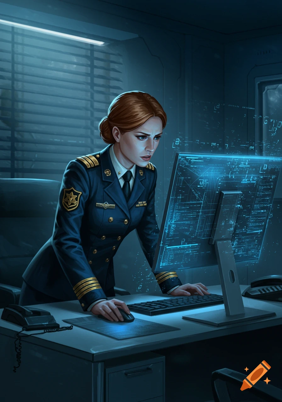 A serious female officer in a dark blue uniform leans over a desk, intently examining glowing blue data on a computer screen.