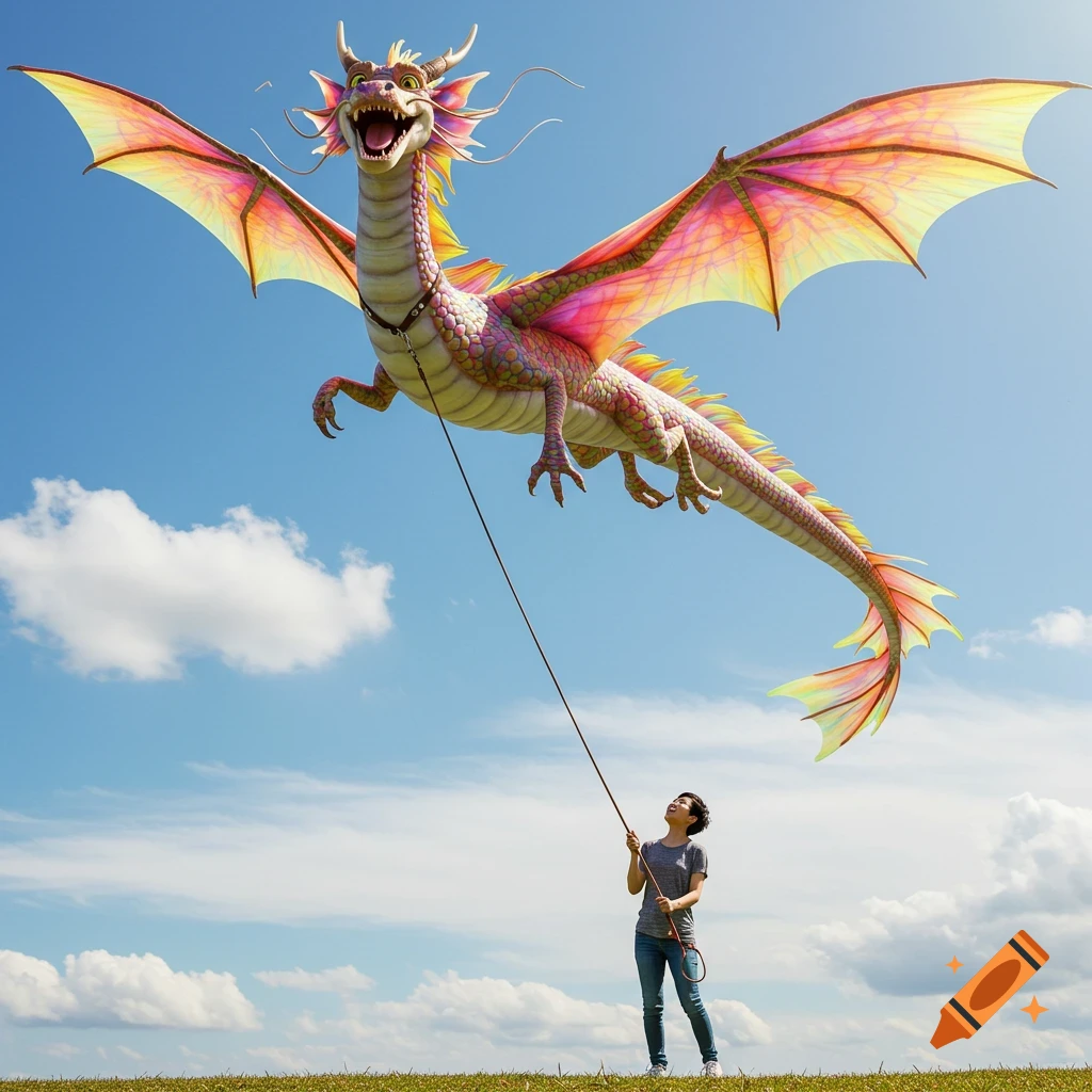 A vibrant, smiling dragon kite flies high in a blue sky, held by a person on a green field. Photorealistic.