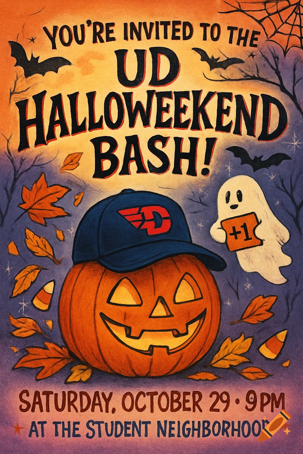 Halloween party invitation with a jack-o'-lantern wearing a UD cap, bats, a ghost with a '+1' sign, and fall leaves.