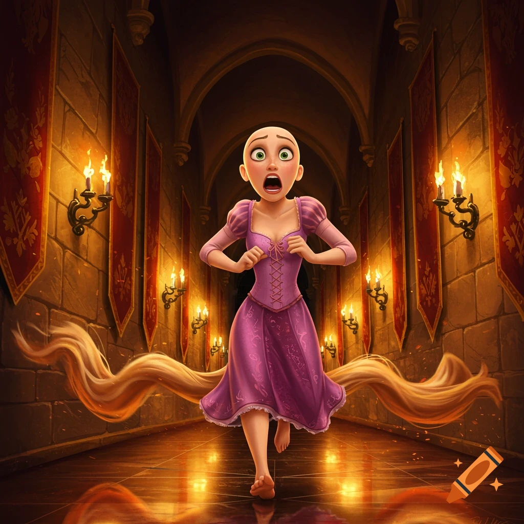 A bald Rapunzel, wide-eyed and screaming, runs in panic through a dimly lit castle hallway with ornate banners and lit sconces. Her long hair trails behind her.