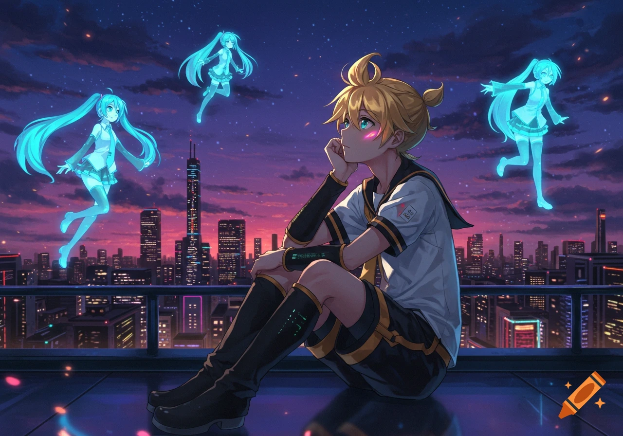 Anime boy Kagamine Len sitting on a rooftop overlooking a city at twilight, looking at three glowing Hatsune Miku holograms in the sky.