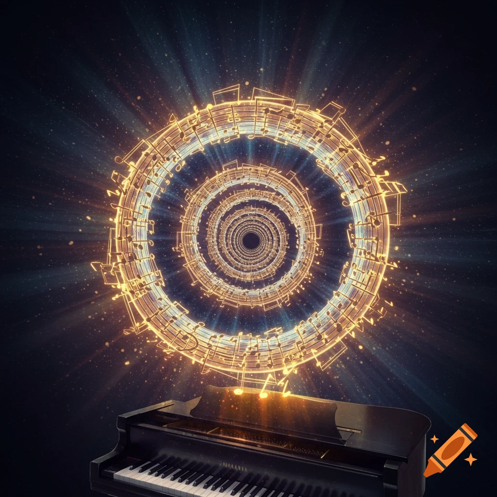 A grand piano beneath a glowing vortex of golden musical notes spiraling into a dark, starry space.