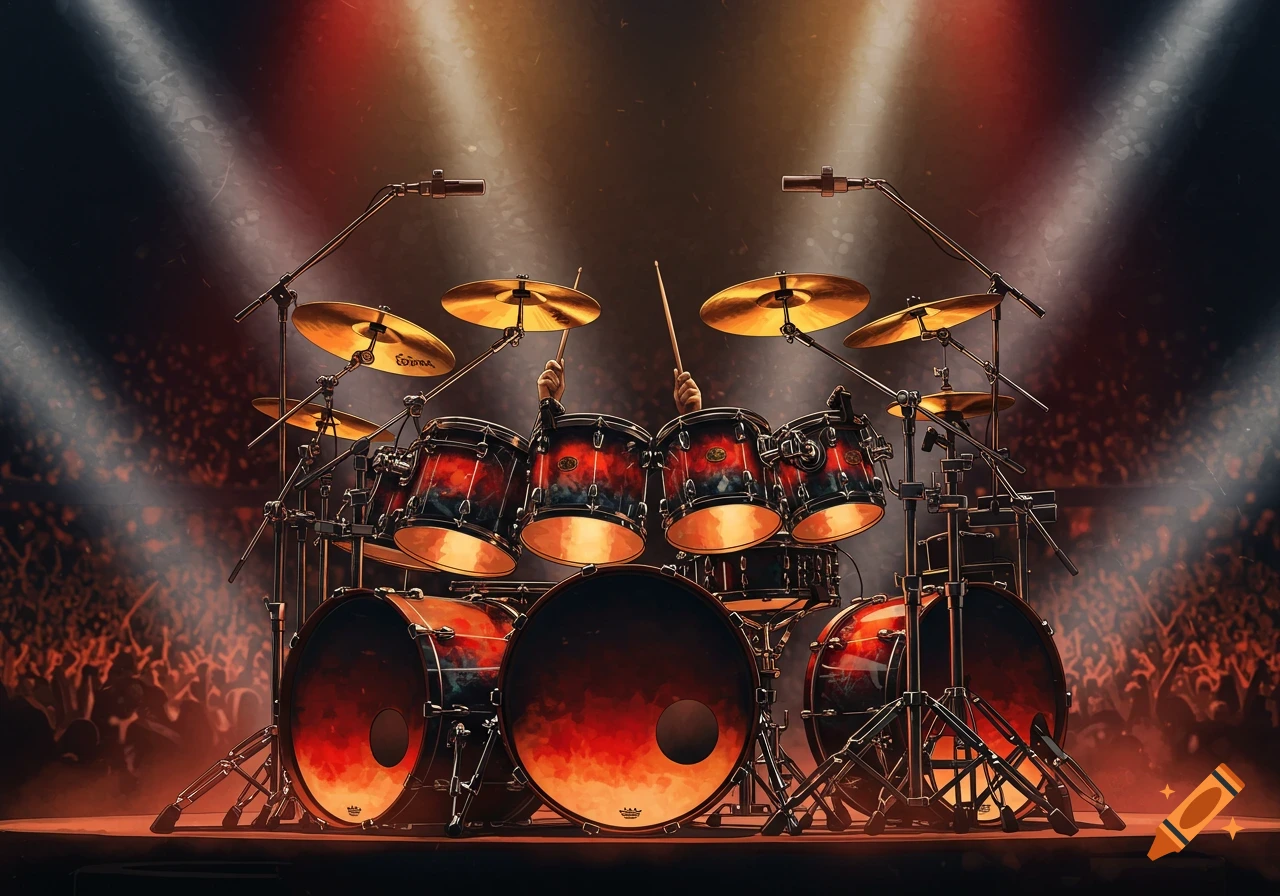 Dramatic shot of a drum set on a stage under spotlights, with a blurred concert crowd in the background.