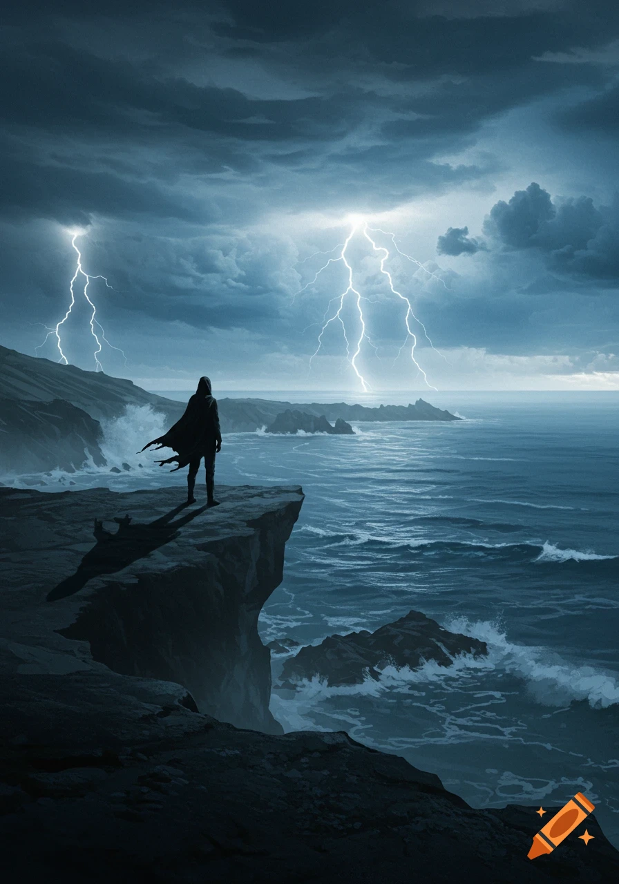 A cloaked figure stands on a cliff overlooking a stormy sea with crashing waves and multiple lightning bolts striking from dark skies.