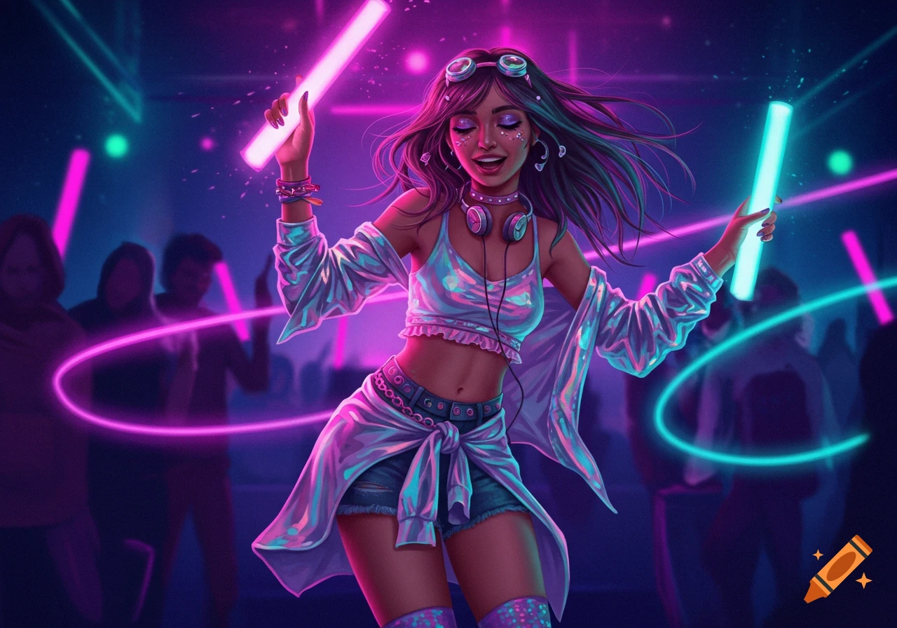 A young woman dances energetically at a neon-lit rave, holding pink and blue glow sticks, in a vibrant digital art style.