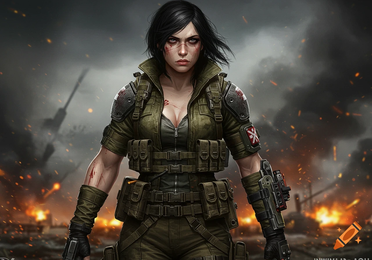 A determined female soldier in tactical military gear stands on a smoky, war-torn battlefield with explosions. Digital art.