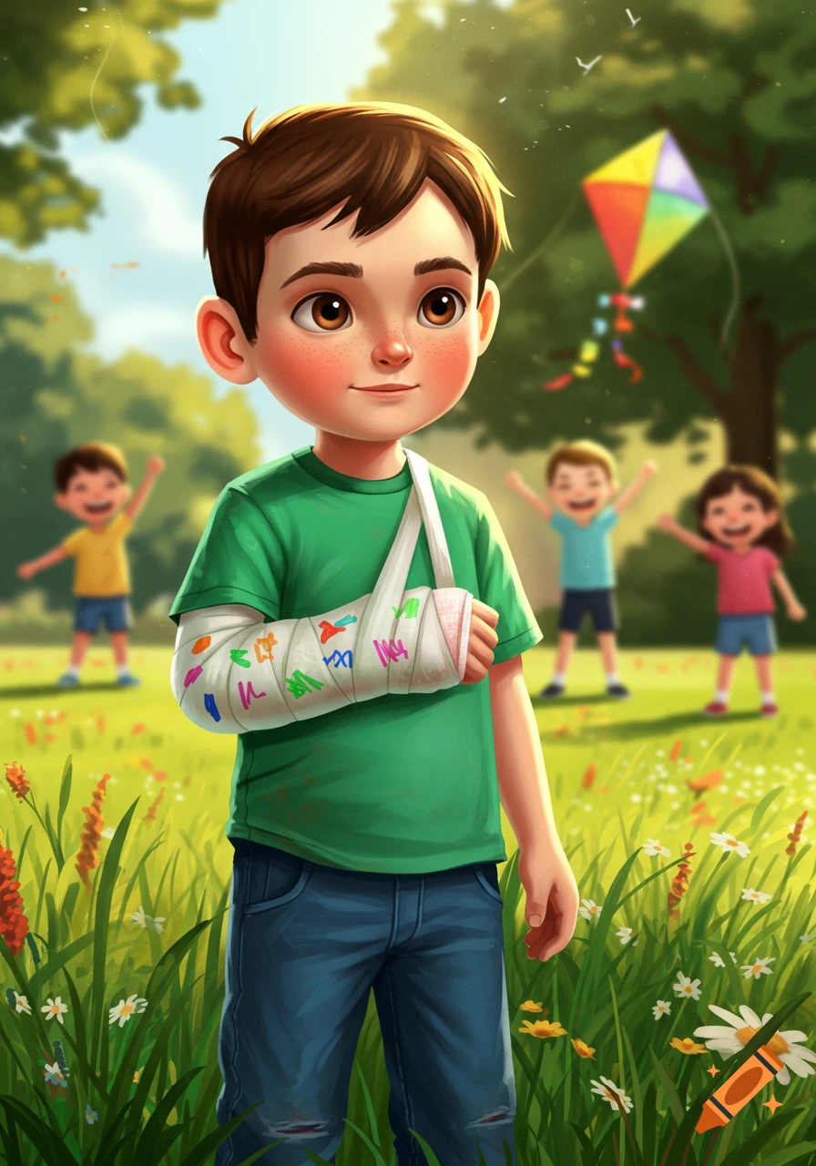 A cartoon boy with a broken arm in a decorated sling stands in a sunny park as other kids play in the background.