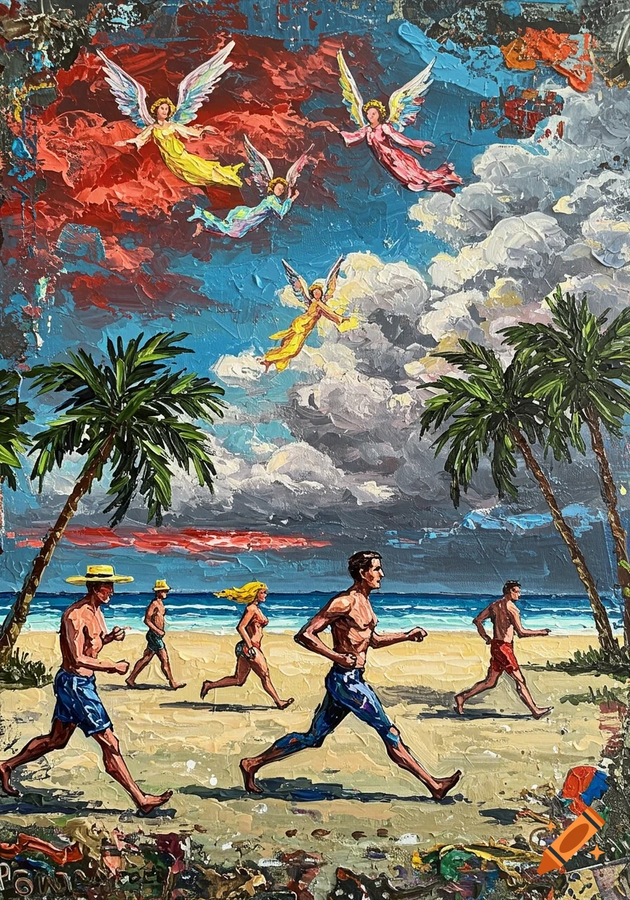 An impasto painting in an outsider art style depicts people speed walking on a Florida beach with palm trees, while colorful angels fly through a sky of red and gray storm clouds.