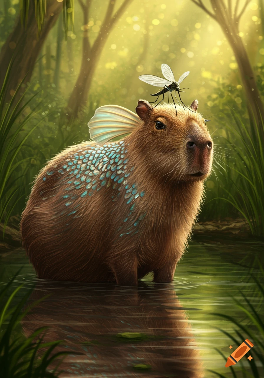A fantasy capybara with light blue scales and a fin behind its ear stands in shallow water, a mosquito on its head, in a lush green forest.