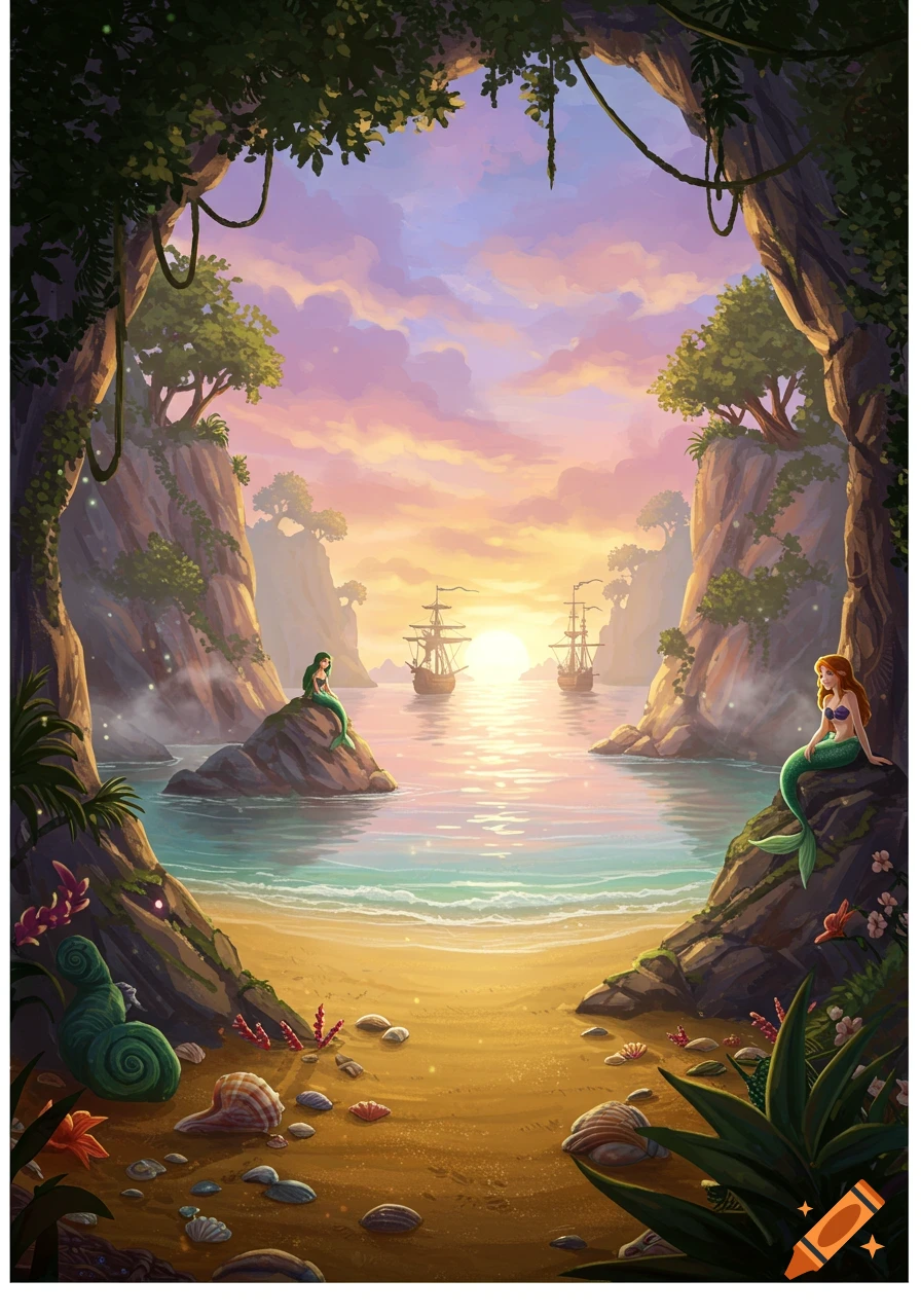 Illustrated fantasy cove at sunset with two mermaids on rocks, and sailing ships in the distance.