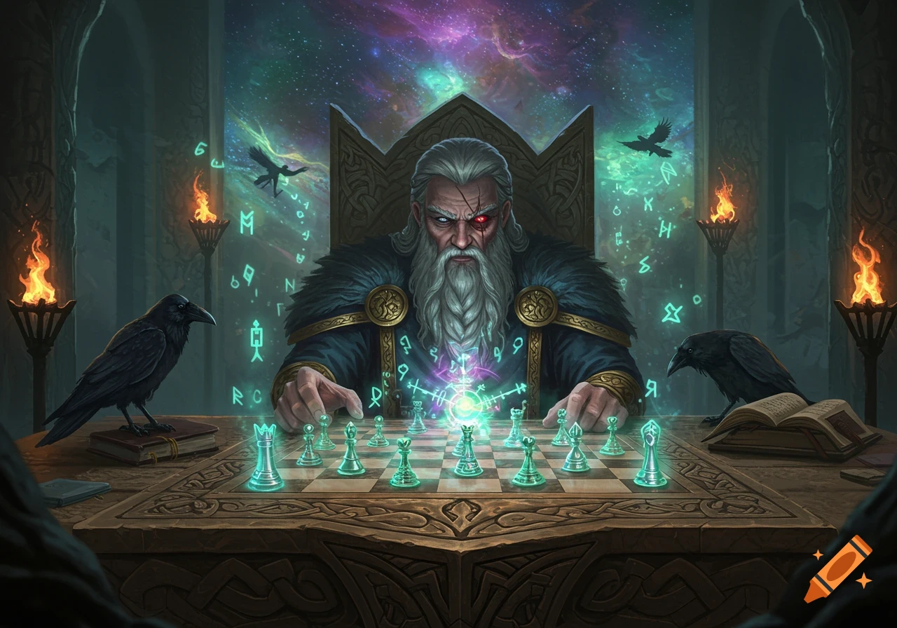 Odin, with a long white beard and a red glowing eye, plays a mystical game of chess with glowing pieces, surrounded by ravens and floating runes under a cosmic sky.