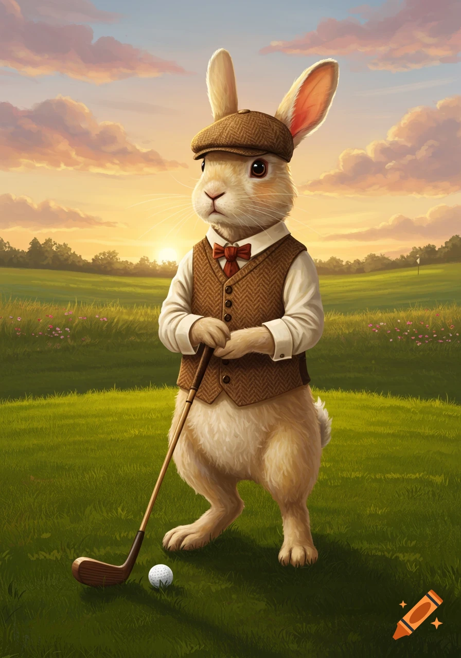 A dapper anthropomorphic rabbit in a vest and flat cap stands on a golf course, holding a golf club with a ball at its feet, at sunset.